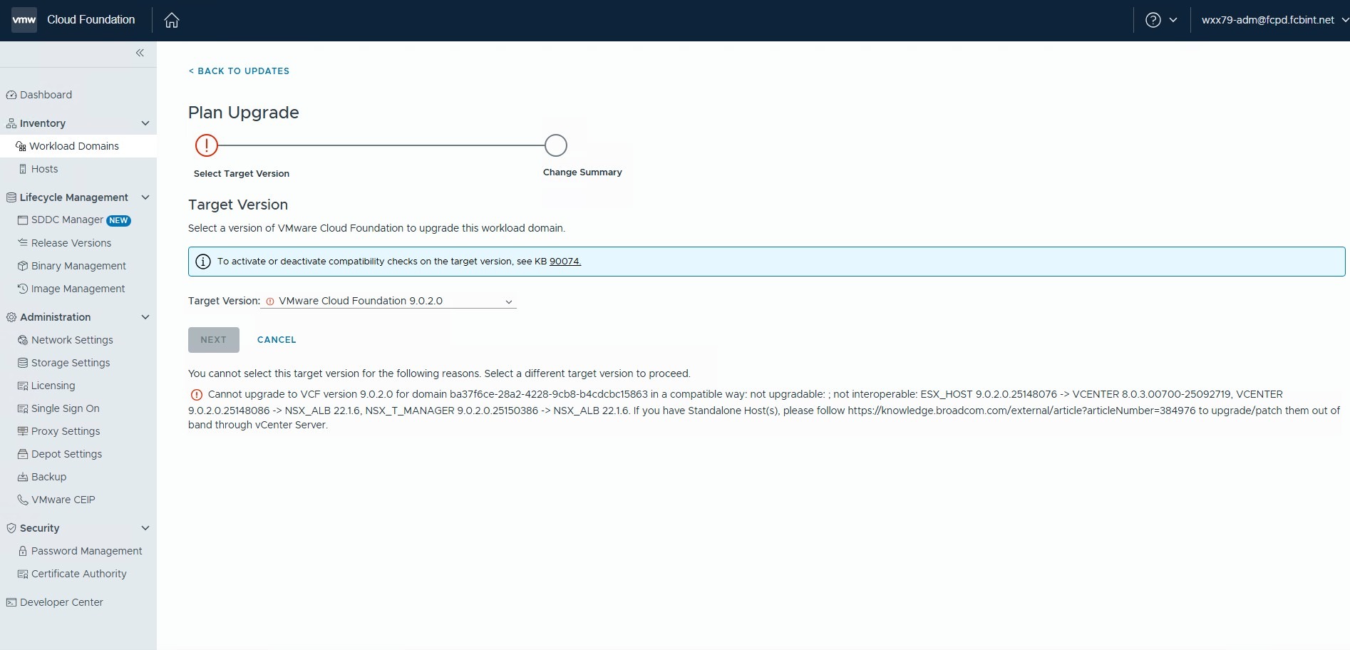 SDDC Manager blocking the VCF 9.0.2 Plan Upgrade because NSX ALB 22.1.6 was not interoperable with the target component stack