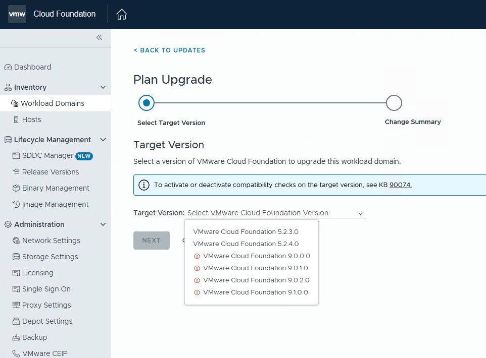 SDDC Manager Plan Upgrade target version list showing VCF 9.0.2.0 as an available target