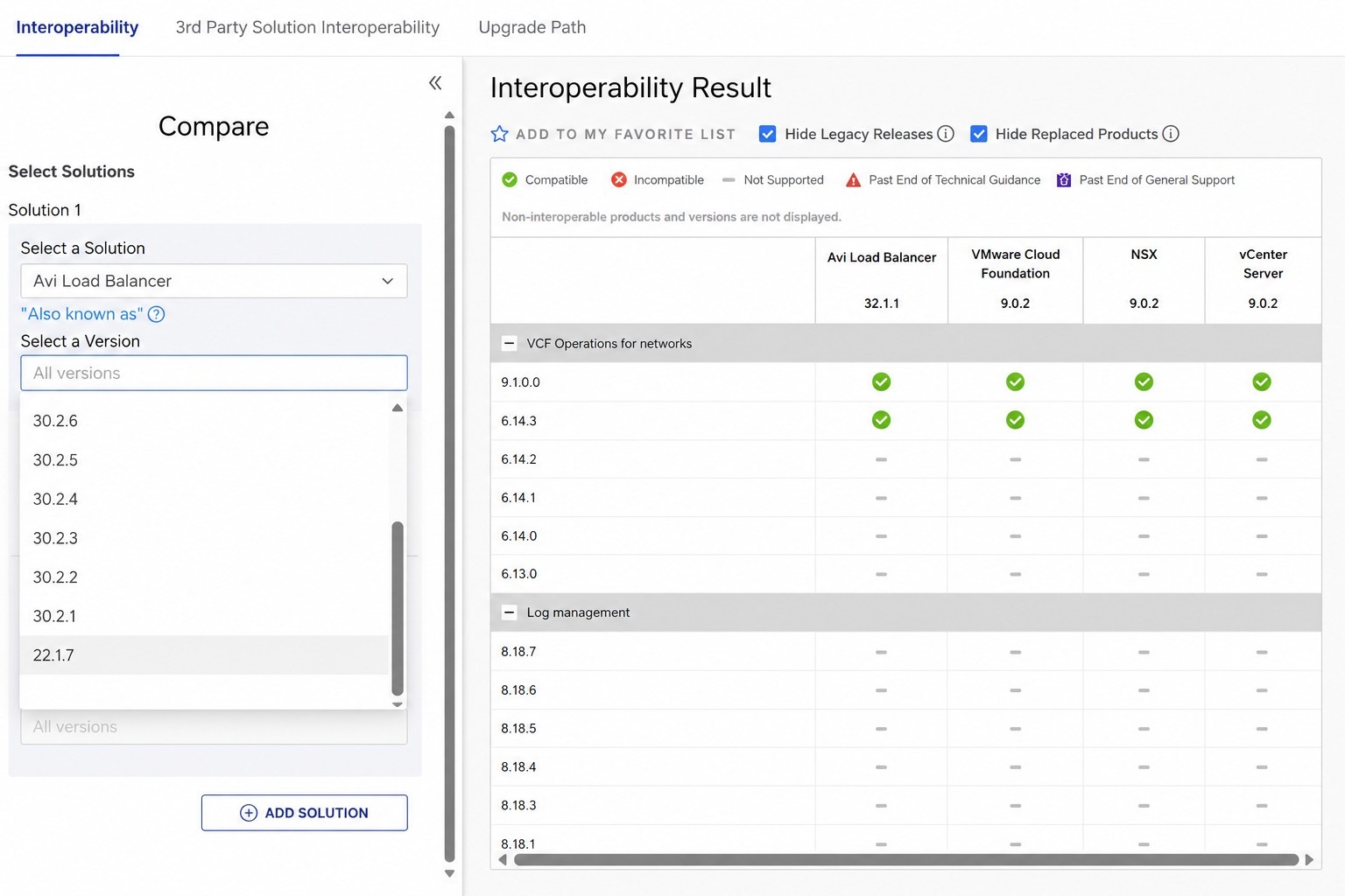 Broadcom Interoperability Matrix showing Avi Load Balancer versions without 22.1.6 available as a selectable version
