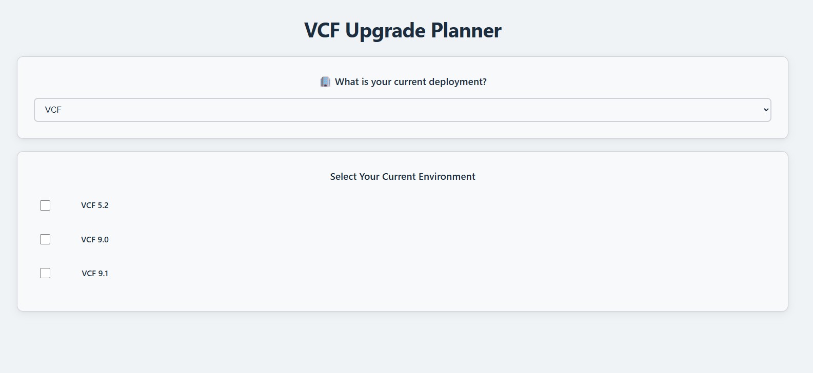 VCF Upgrade Planner deployment and current-version selection screen