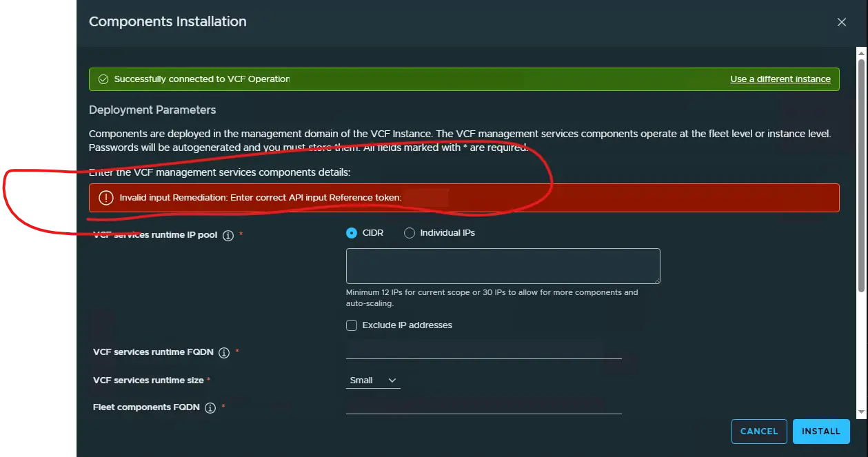 VCF Management Services deployment showing the Invalid input error