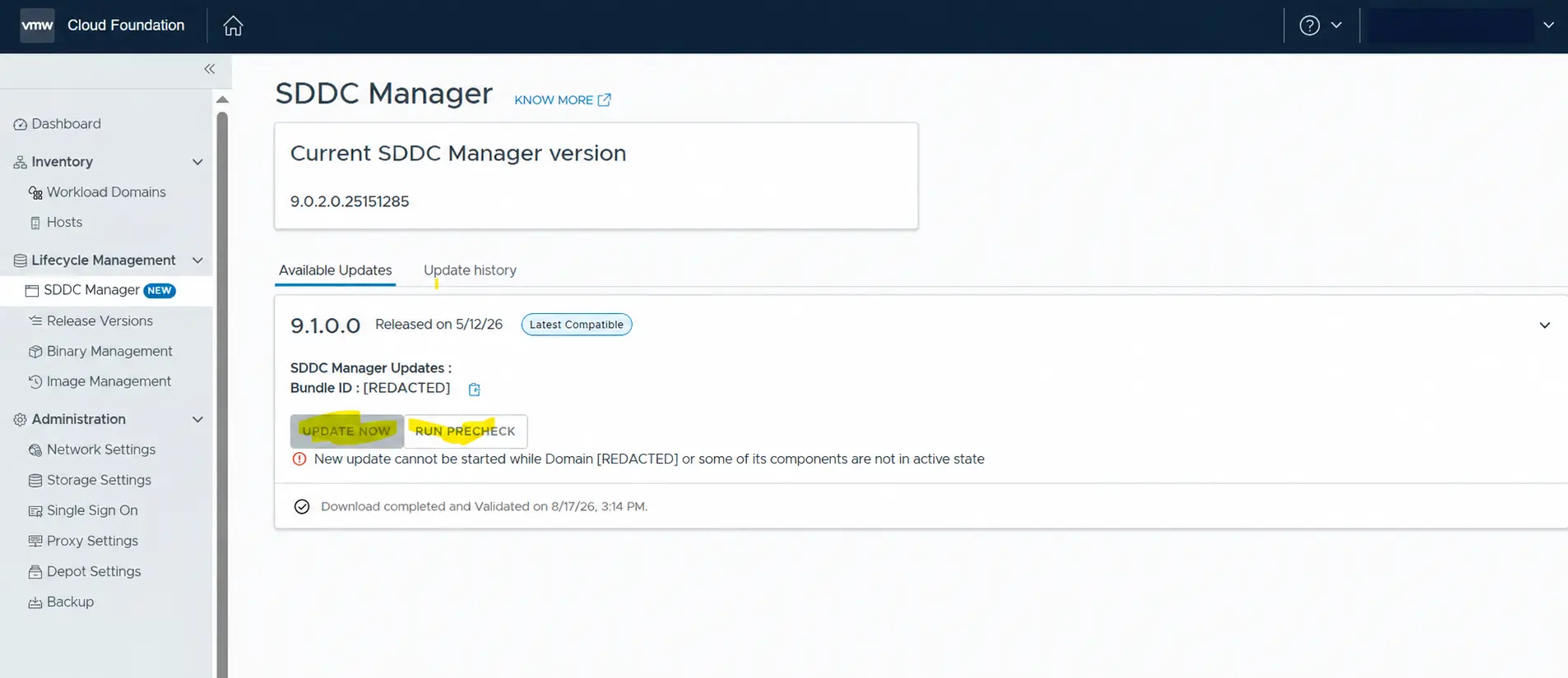 SDDC Manager blocking the VCF 9.1 update because the management domain or one of its components is not active