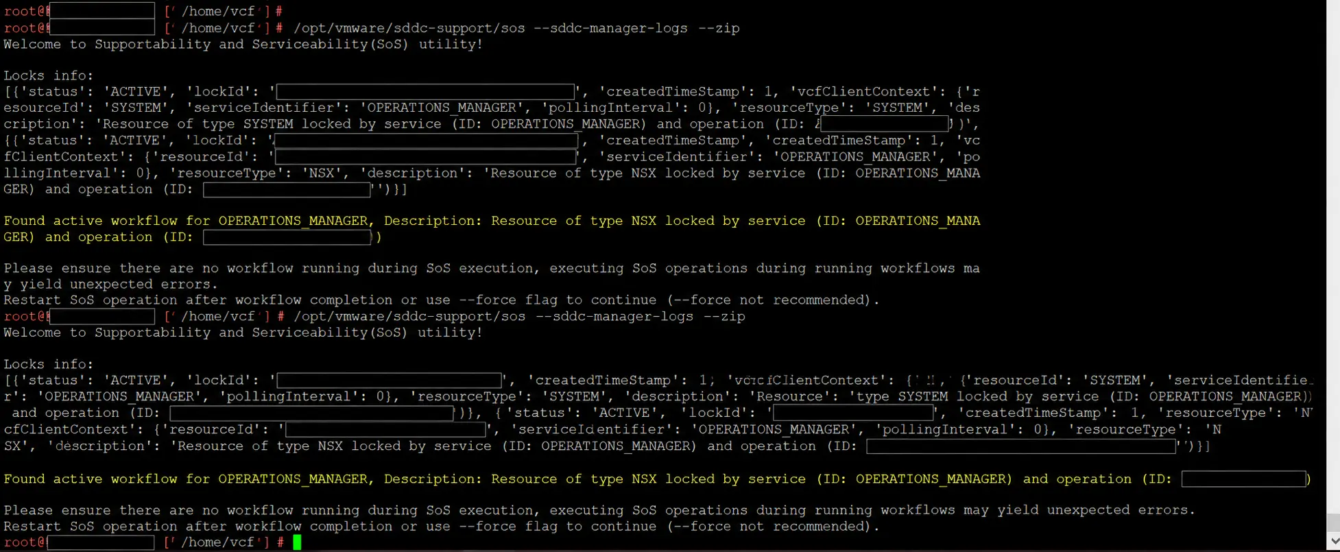 SDDC Manager SoS log collection blocked by an active NSX workflow owned by Operations Manager