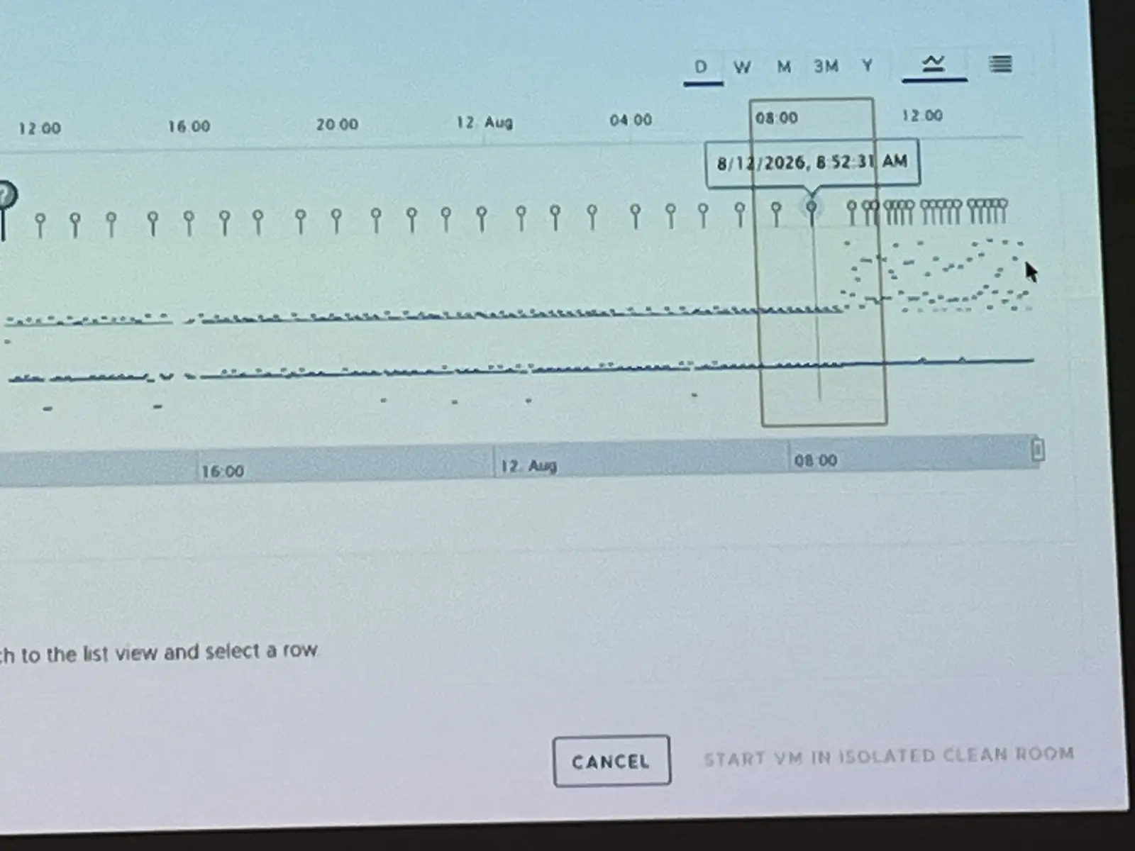 VMware Explore demonstration showing recovery points on a timeline, an increase in activity, a selected candidate, and the option to start the VM in an isolated clean room